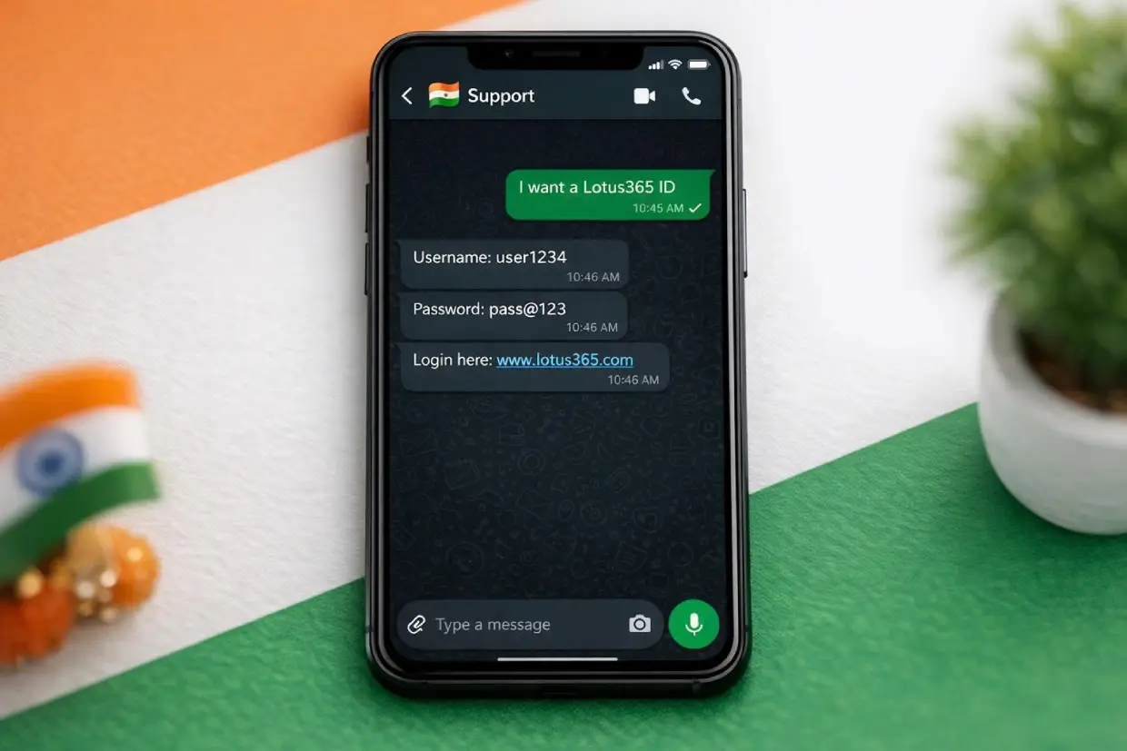 Lotus365 ID activation flow on Lotus365APK.org — WhatsApp registration to first bet in minutes